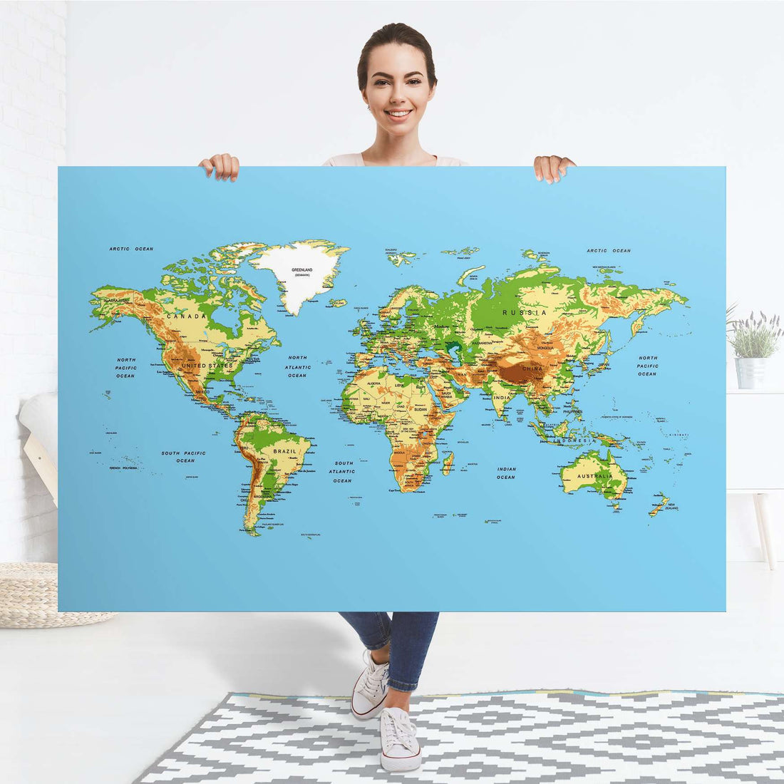 Selbstklebender Folienbogen Geografische Weltkarte - Größe: 150x100 cm