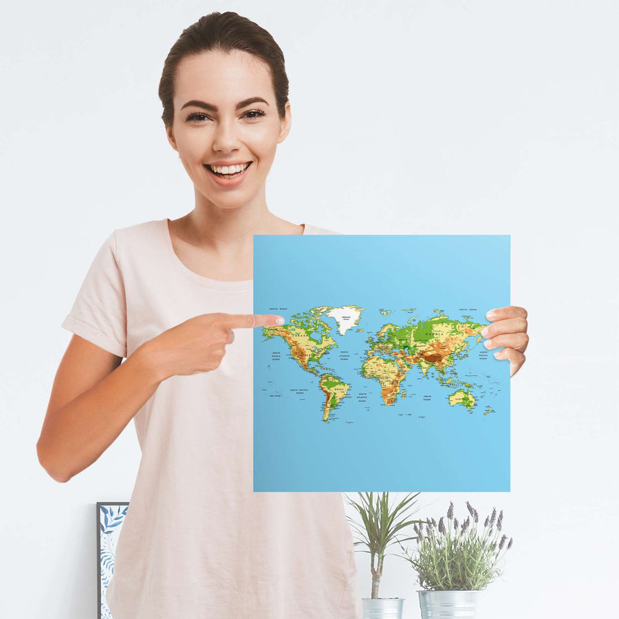 Selbstklebender Folienbogen Geografische Weltkarte - Größe: 30x30 cm