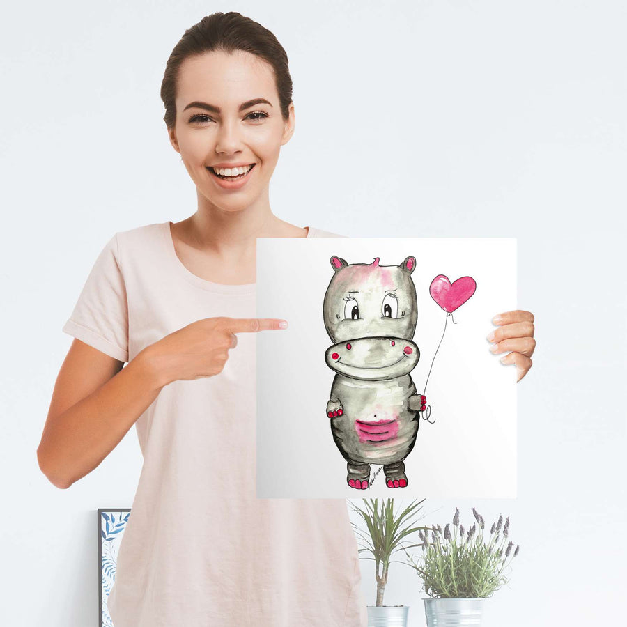 Selbstklebender Folienbogen Nilpferd mit Herz - Größe: 30x30 cm