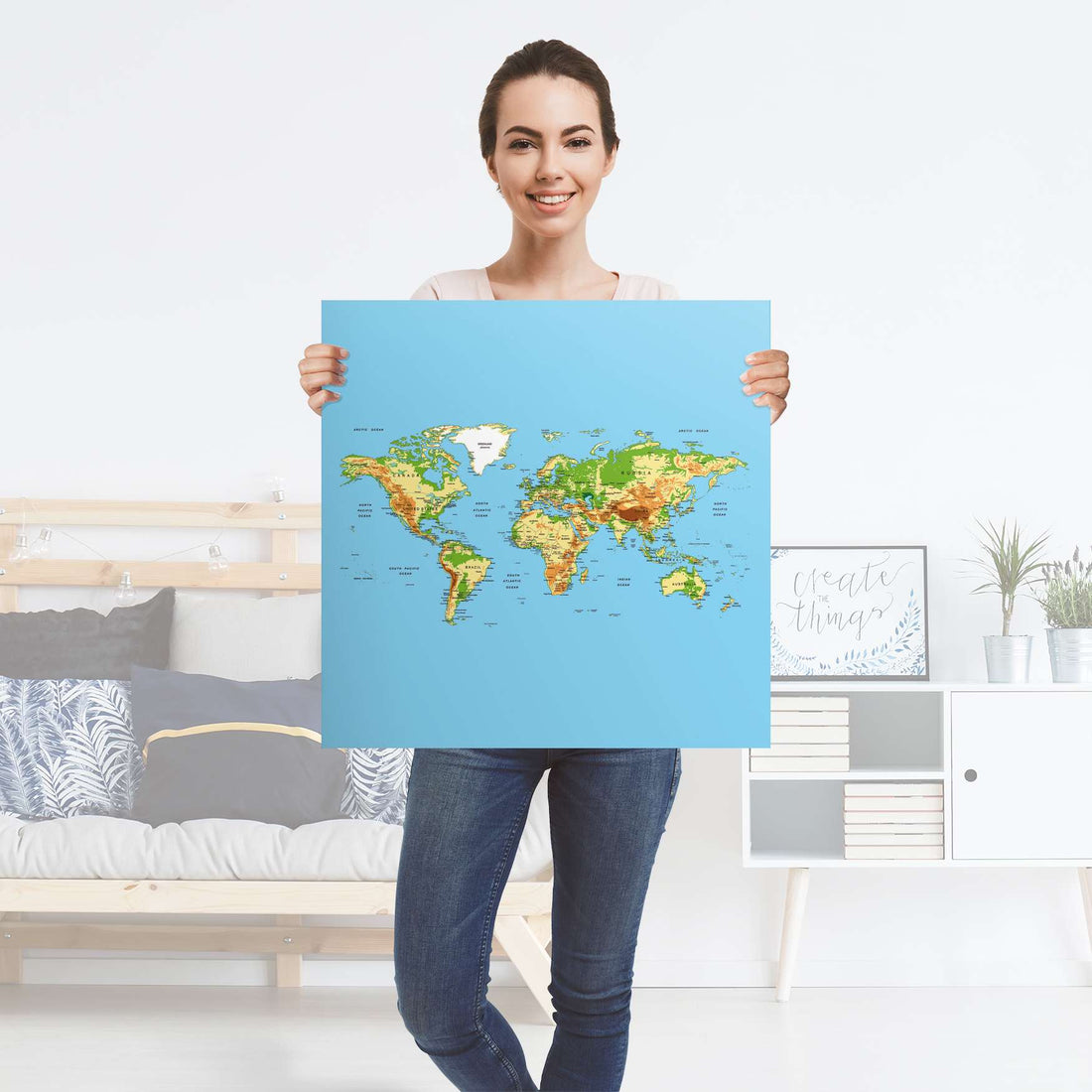 Selbstklebender Folienbogen Geografische Weltkarte - Größe: 60x60 cm