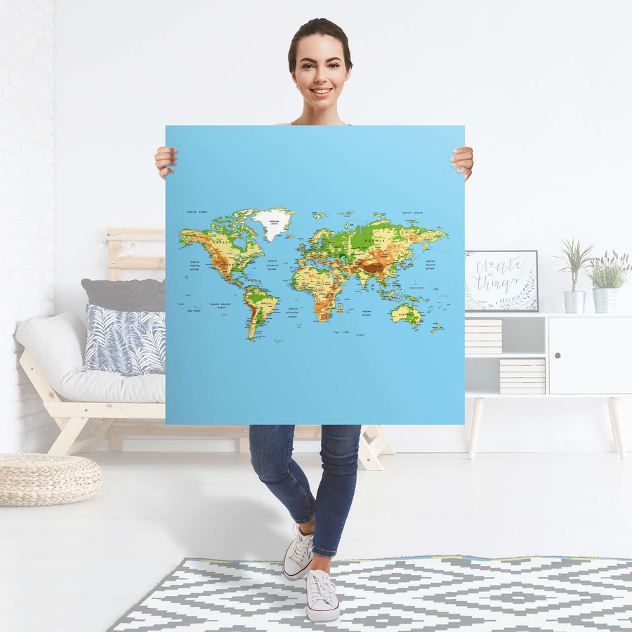 Selbstklebender Folienbogen Geografische Weltkarte - Größe: 90x90 cm