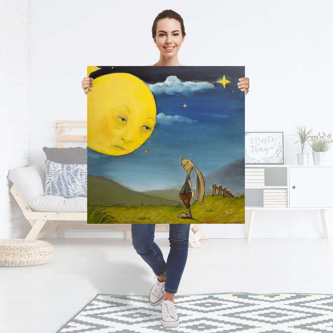 Selbstklebender Folienbogen Hase und Mond - Größe: 90x90 cm