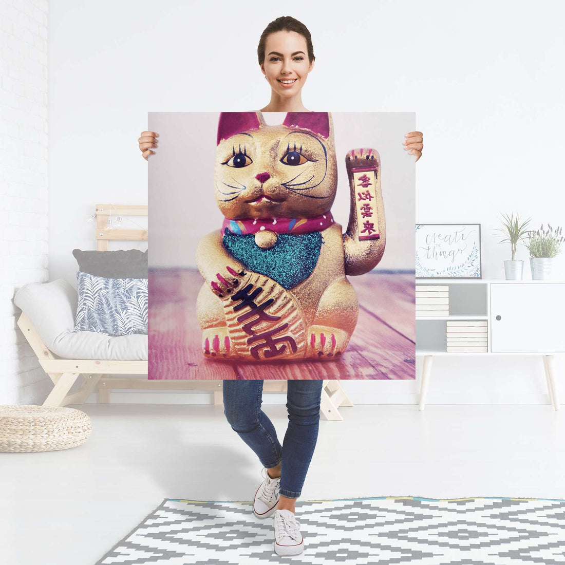 Selbstklebender Folienbogen Winkekatze - Größe: 90x90 cm