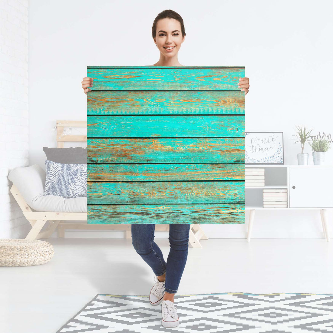 Selbstklebender Folienbogen Wooden Aqua - Größe: 90x90 cm
