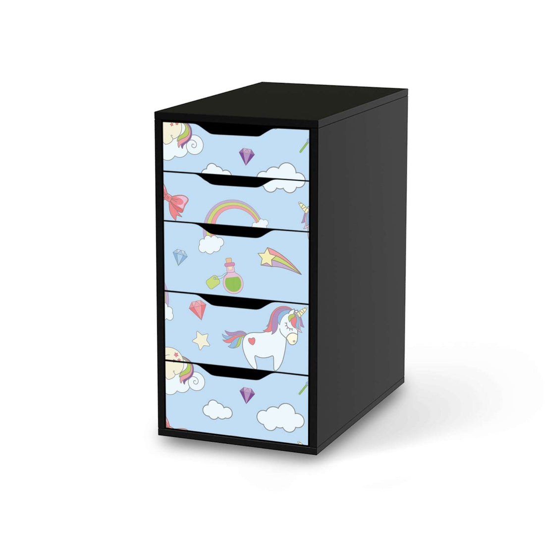 Klebefolie für Möbel Rainbow Unicorn - IKEA Alex 5 Schubladen - schwarz