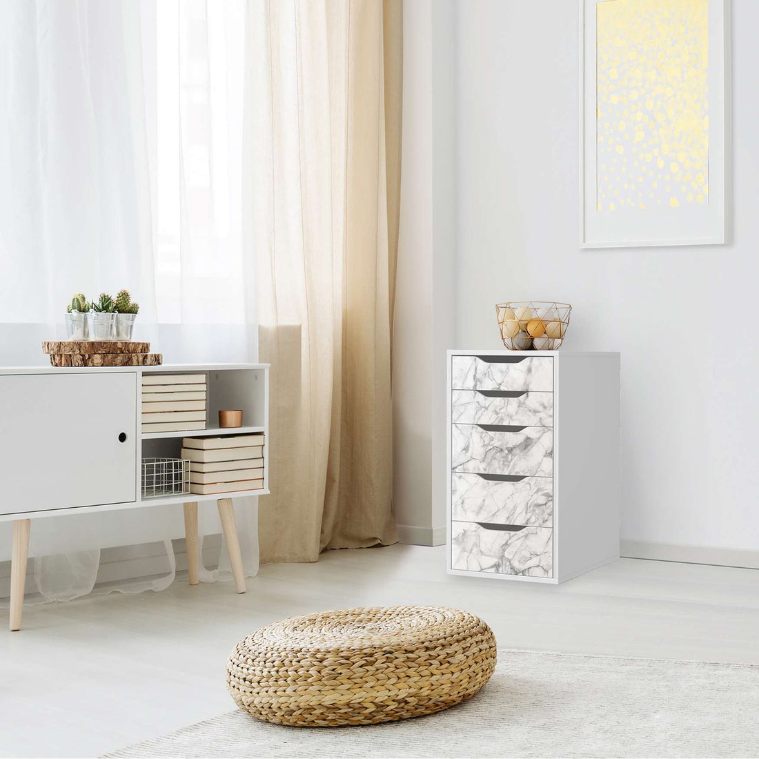 Klebefolie für Möbel Marmor weiß - IKEA Alex 5 Schubladen - Wohnzimmer