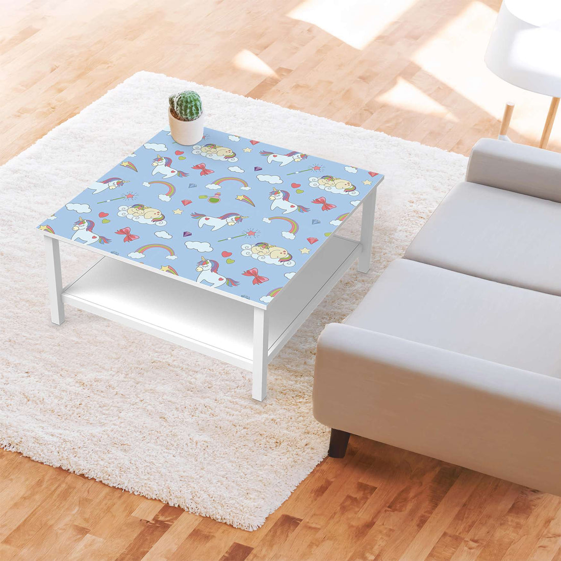 Klebefolie für Möbel Rainbow Unicorn - IKEA Hemnes Couchtisch 90x90 cm - Kinderzimmer