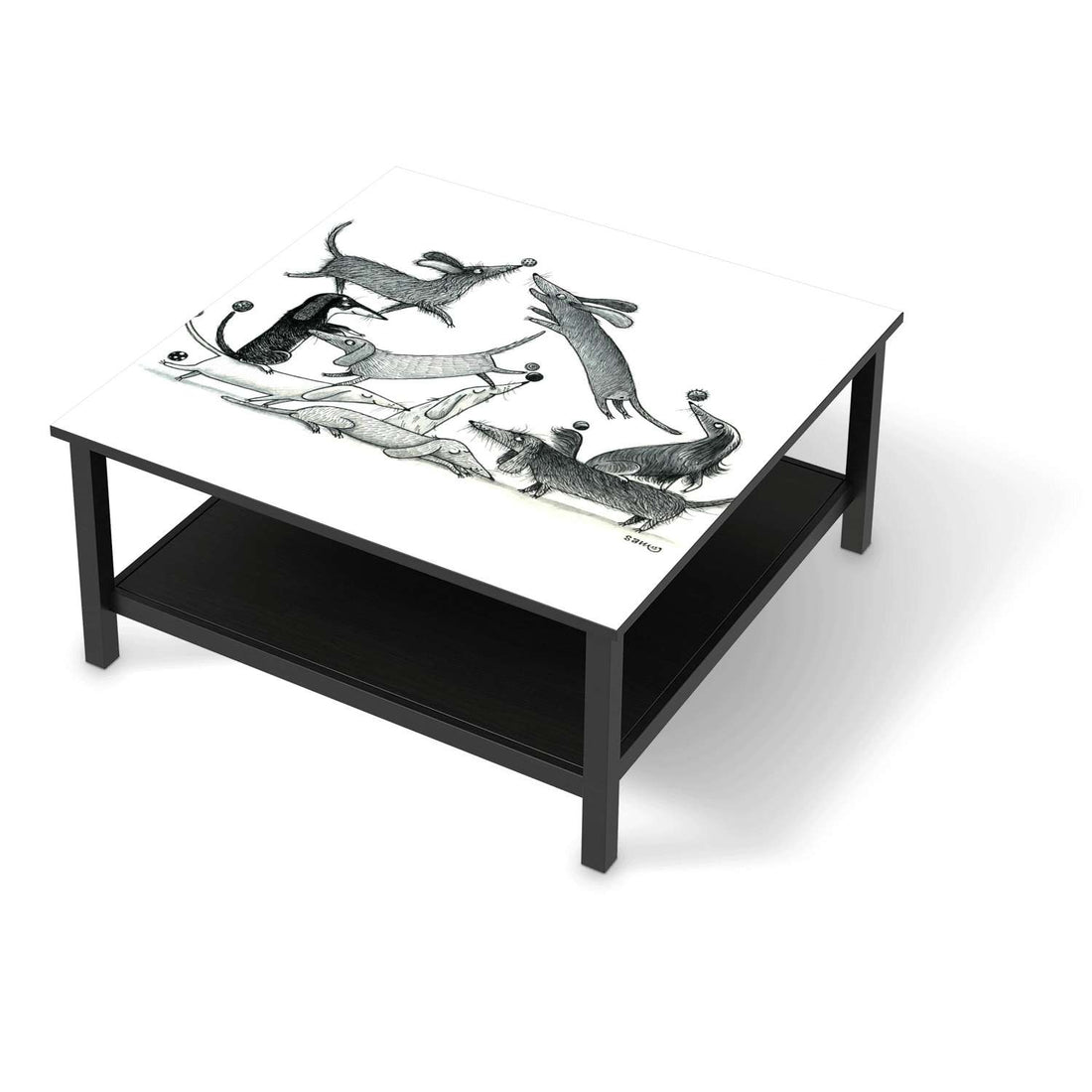 Klebefolie für Möbel Akrobaten Dackel - IKEA Hemnes Couchtisch 90x90 cm - schwarz