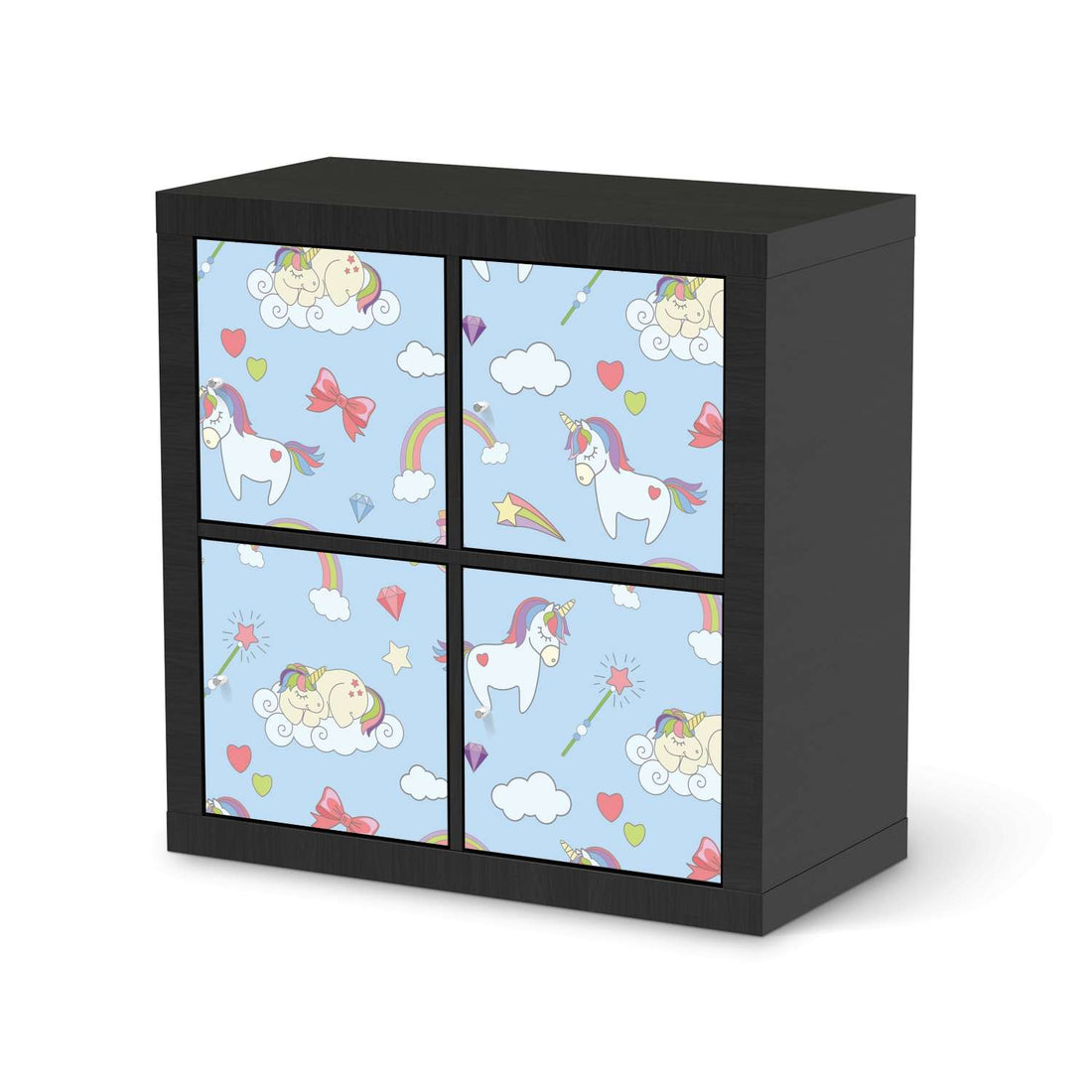 Klebefolie für Möbel Rainbow Unicorn - IKEA Kallax Regal 4 Türen - schwarz