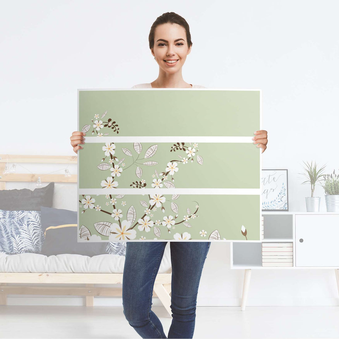 Klebefolie für Möbel White Blossoms - IKEA Malm Kommode 3 Schubladen - Folie