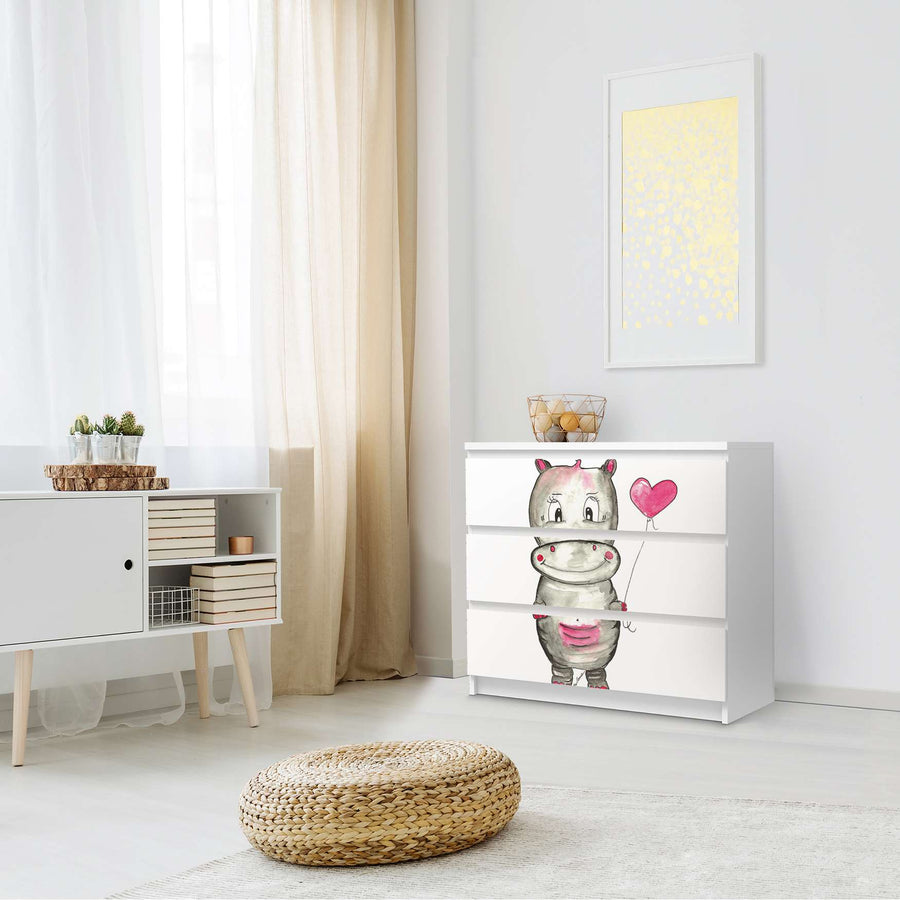 Klebefolie für Möbel Nilpferd mit Herz - IKEA Malm Kommode 3 Schubladen - Schlafzimmer