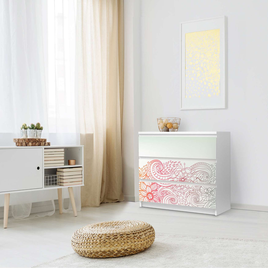 Klebefolie für Möbel Floral Doodle - IKEA Malm Kommode 3 Schubladen - Schlafzimmer