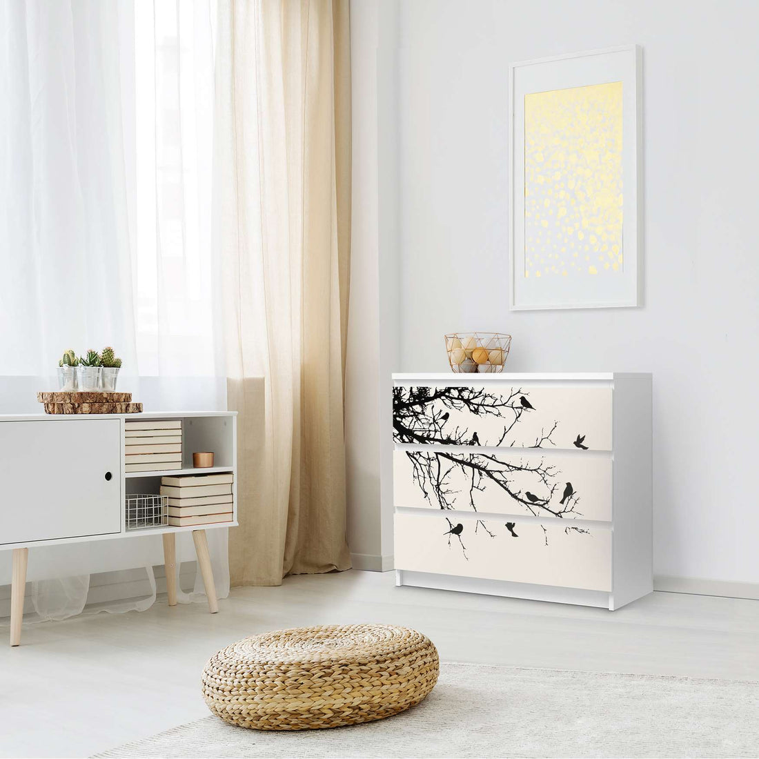 Klebefolie für Möbel Tree and Birds 1 - IKEA Malm Kommode 3 Schubladen - Schlafzimmer