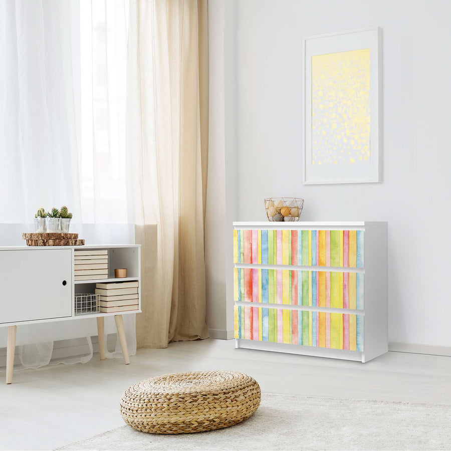 Klebefolie für Möbel Watercolor Stripes - IKEA Malm Kommode 3 Schubladen - Schlafzimmer