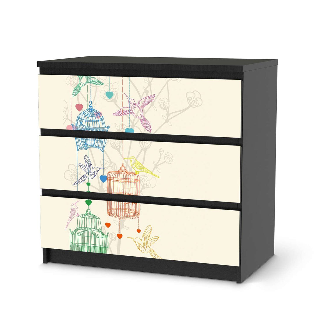 Klebefolie für Möbel Birdcage - IKEA Malm Kommode 3 Schubladen - schwarz