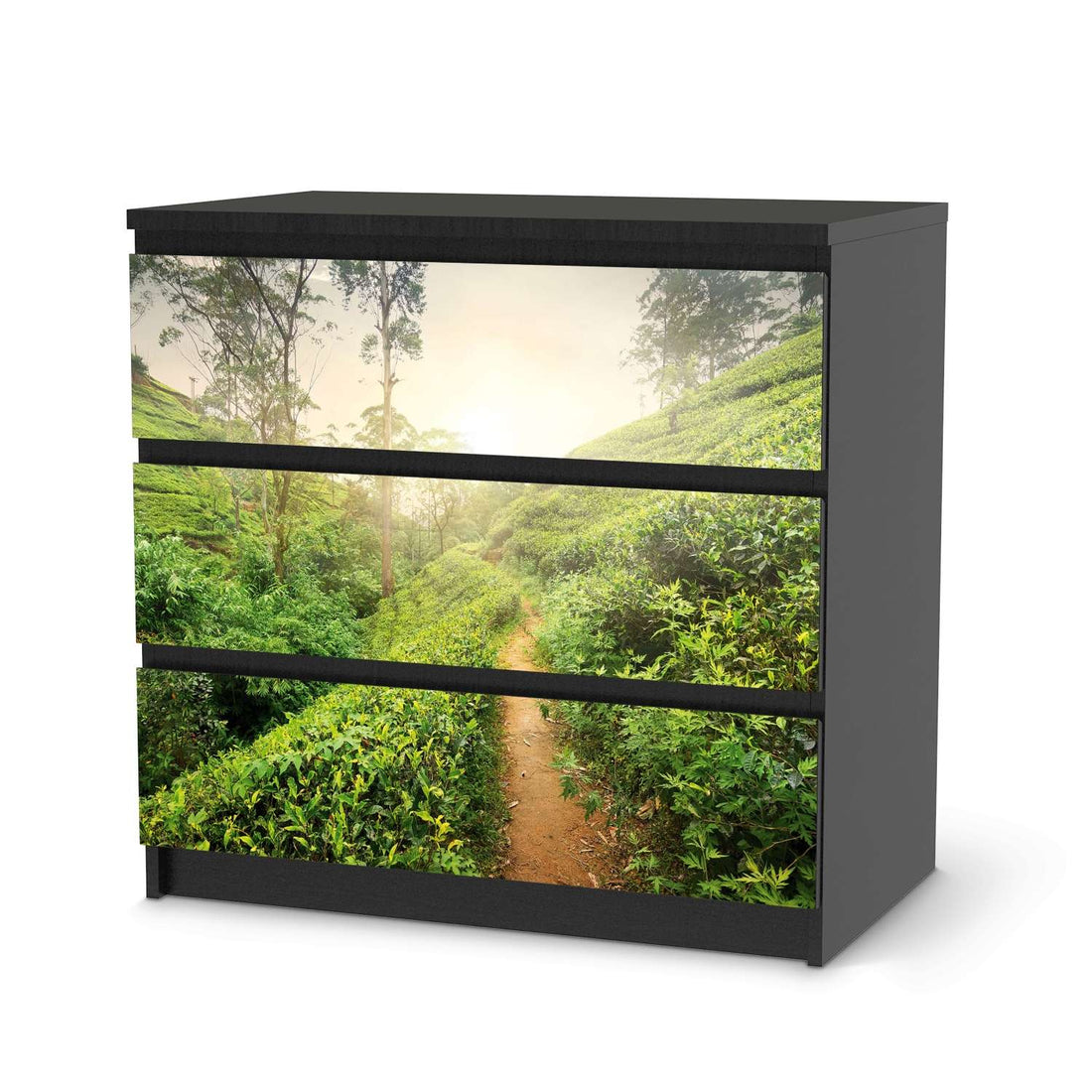 Klebefolie für Möbel Green Tea Fields - IKEA Malm Kommode 3 Schubladen - schwarz