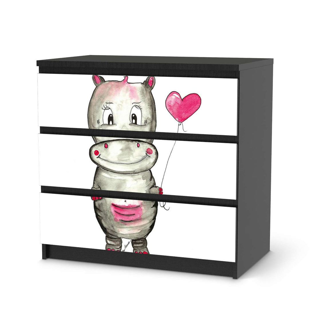 Klebefolie für Möbel Nilpferd mit Herz - IKEA Malm Kommode 3 Schubladen - schwarz
