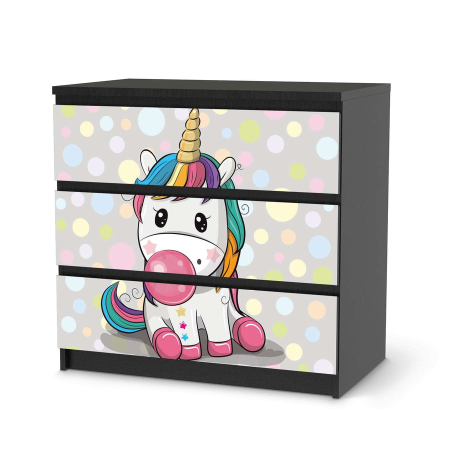 Klebefolie für Möbel Rainbow das Einhorn - IKEA Malm Kommode 3 Schubladen - schwarz