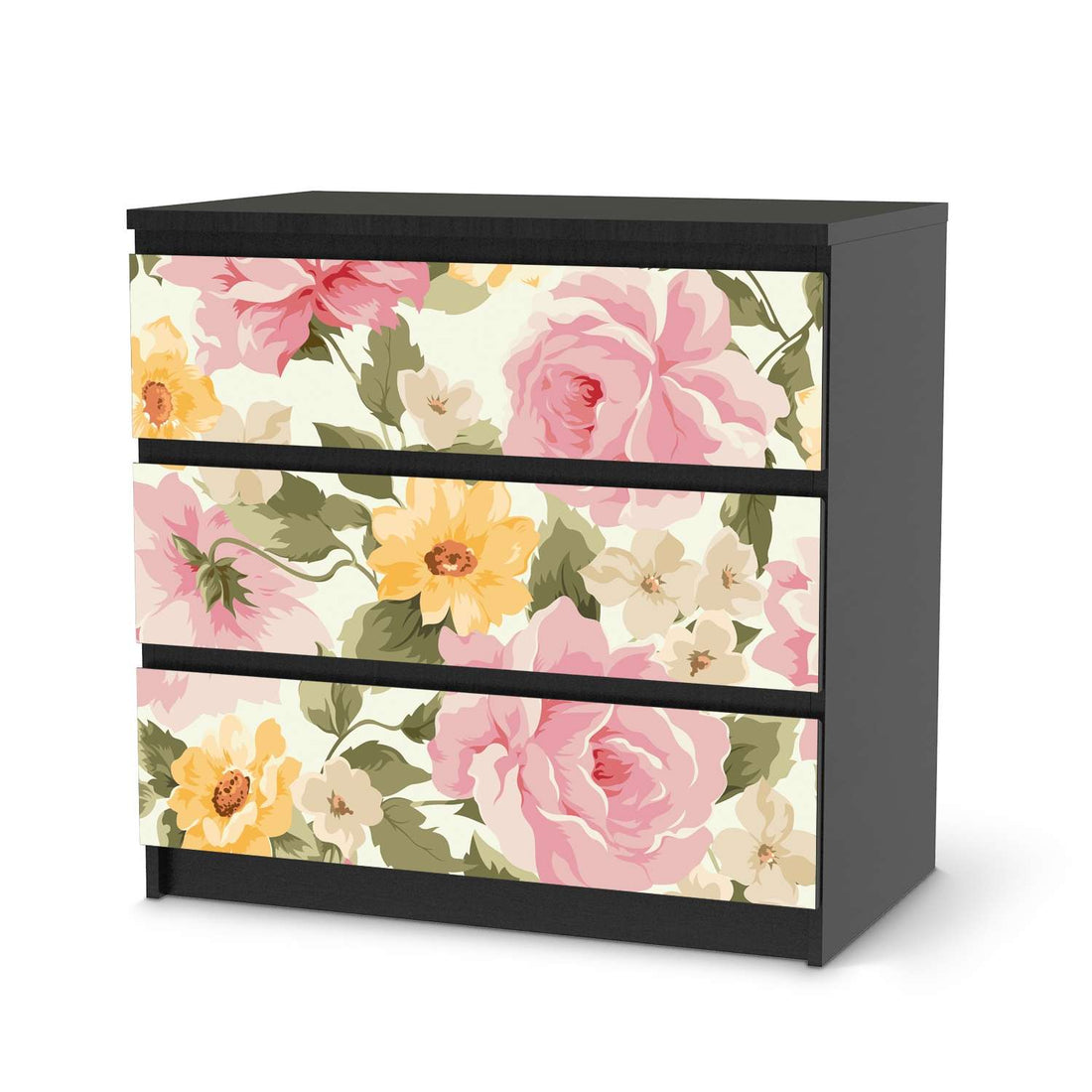 Klebefolie für Möbel Vintage Flowers - IKEA Malm Kommode 3 Schubladen - schwarz