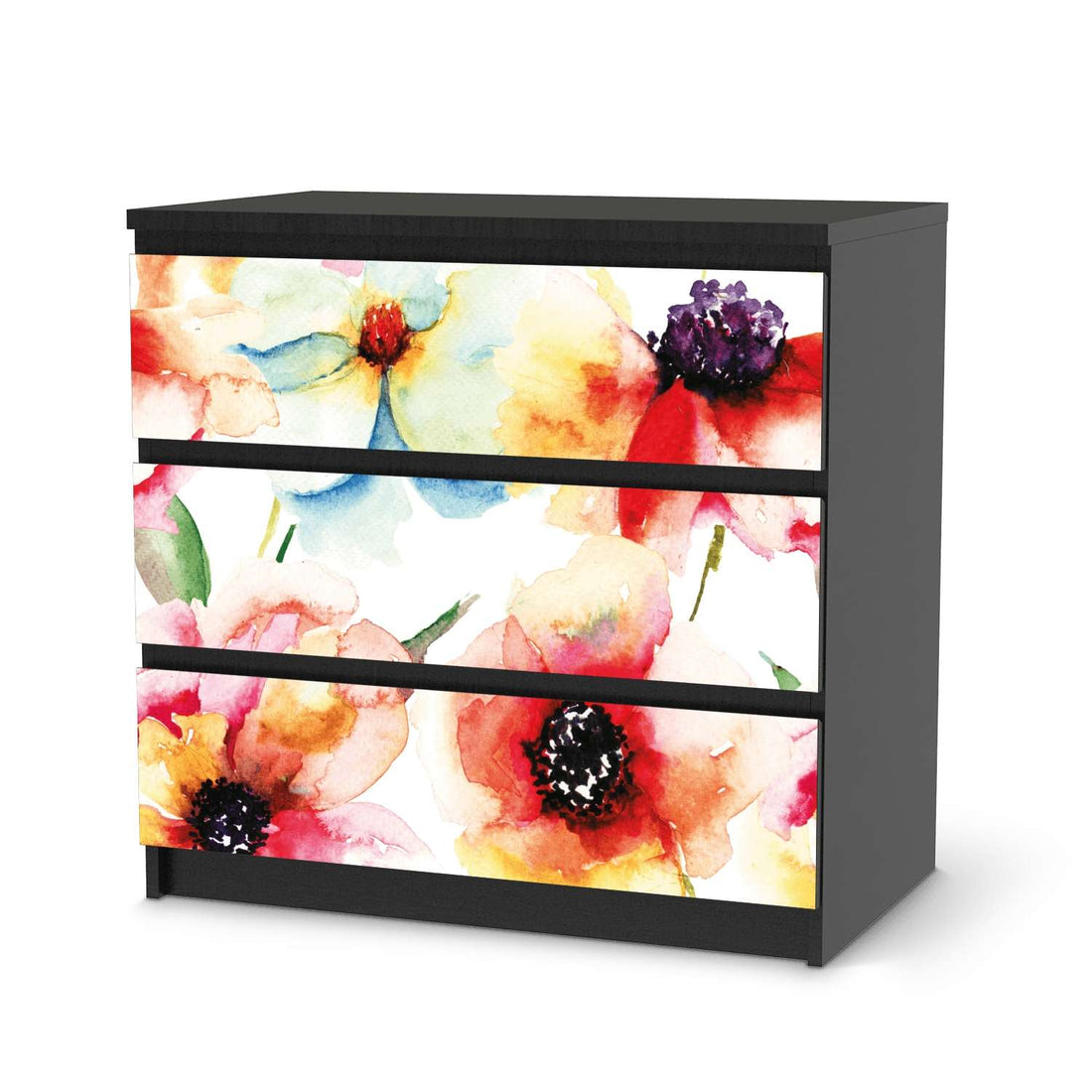 Klebefolie für Möbel Water Color Flowers - IKEA Malm Kommode 3 Schubladen - schwarz