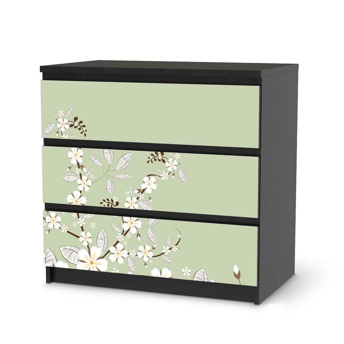 Klebefolie für Möbel White Blossoms - IKEA Malm Kommode 3 Schubladen - schwarz