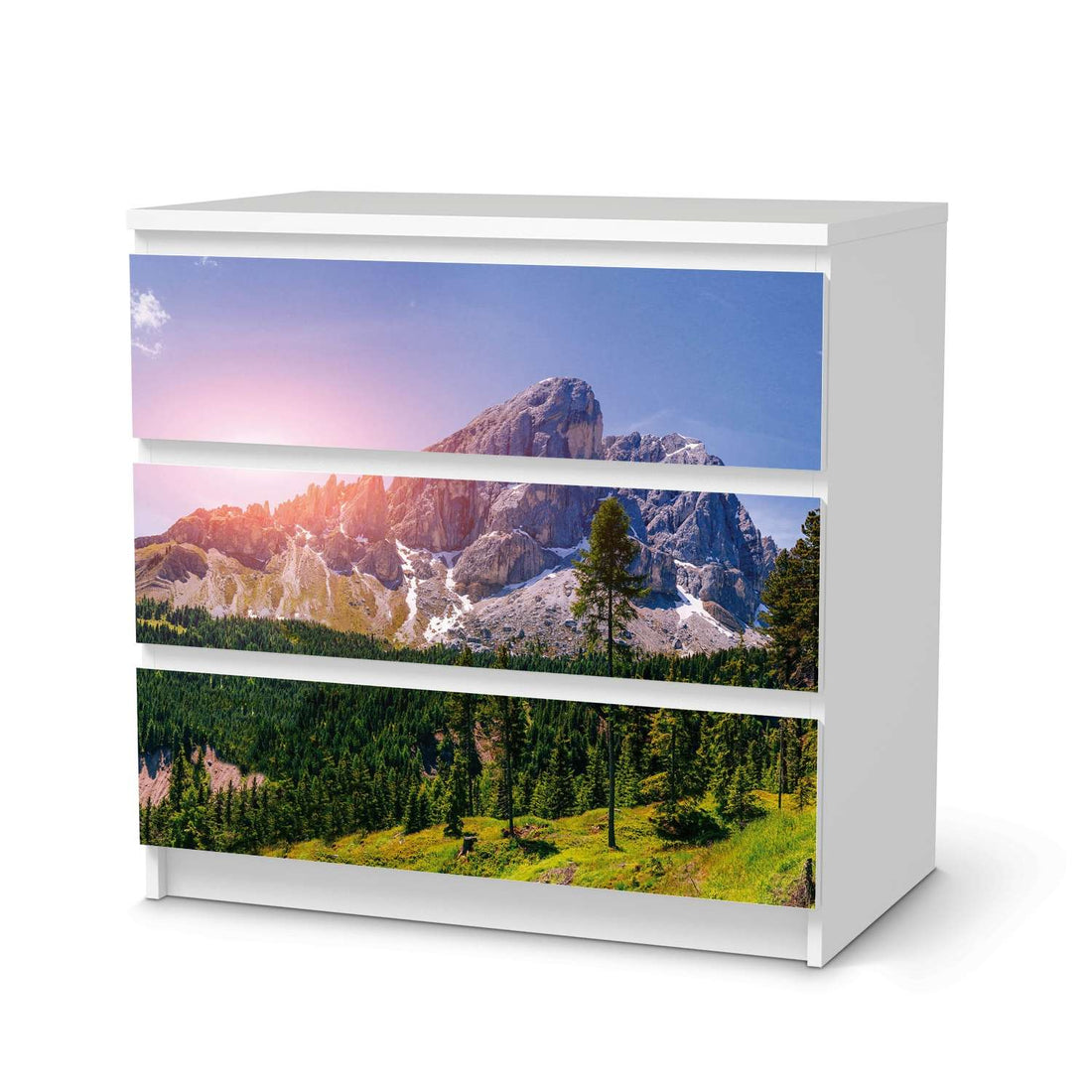 Klebefolie für Möbel Alpenblick - IKEA Malm Kommode 3 Schubladen  - weiss
