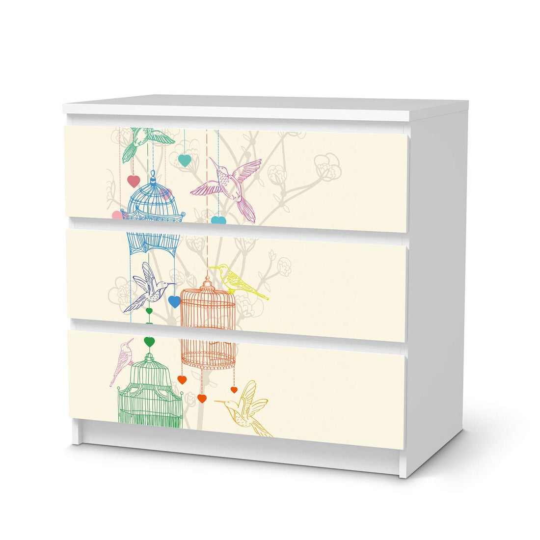 Klebefolie für Möbel Birdcage - IKEA Malm Kommode 3 Schubladen  - weiss