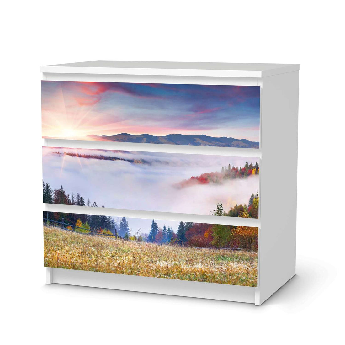 Klebefolie für Möbel Herbstwald - IKEA Malm Kommode 3 Schubladen  - weiss