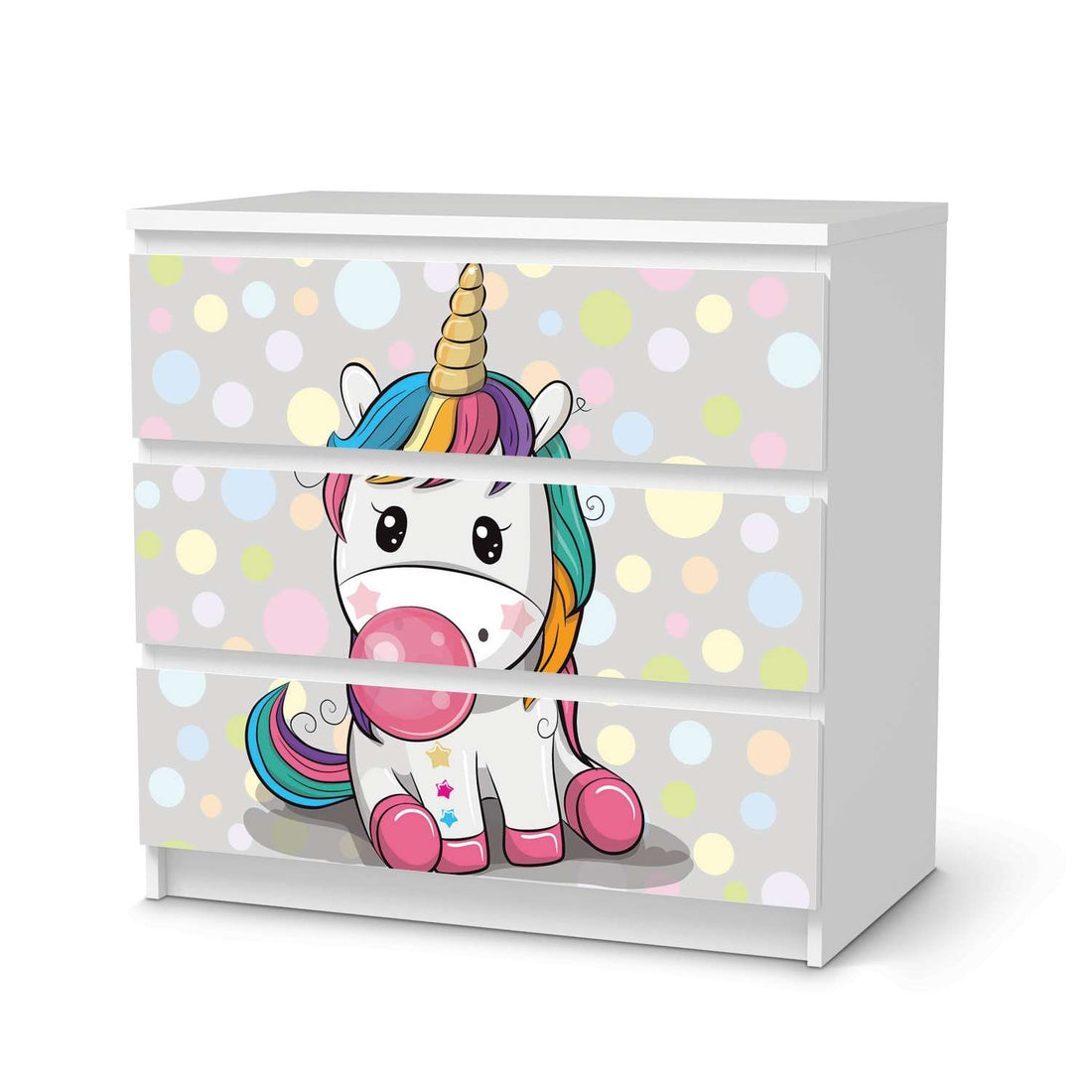 Klebefolie für Möbel Rainbow das Einhorn - IKEA Malm Kommode 3 Schubladen  - weiss