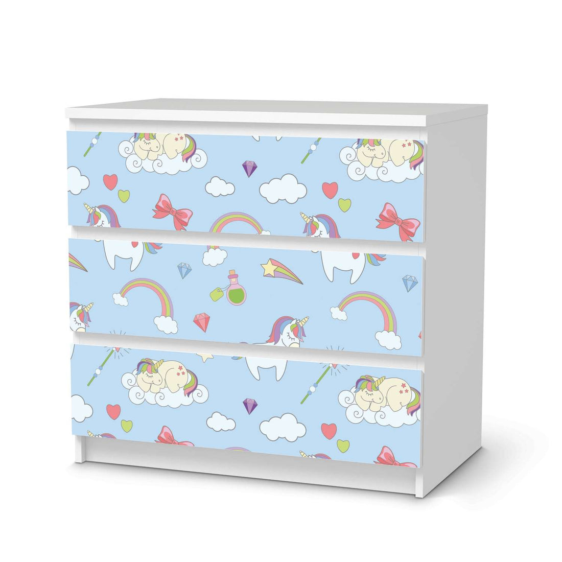 Klebefolie für Möbel Rainbow Unicorn - IKEA Malm Kommode 3 Schubladen  - weiss