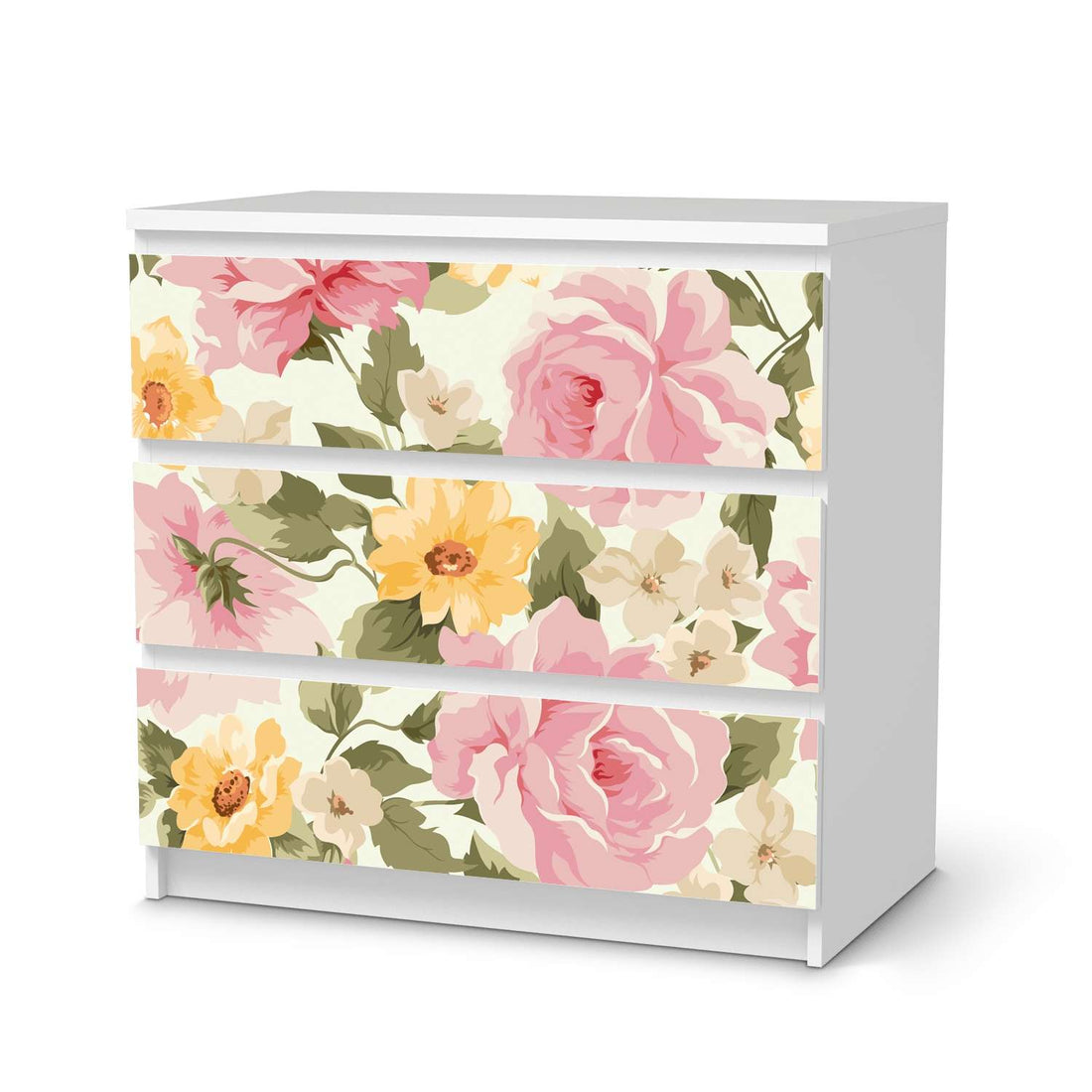 Klebefolie für Möbel Vintage Flowers - IKEA Malm Kommode 3 Schubladen  - weiss