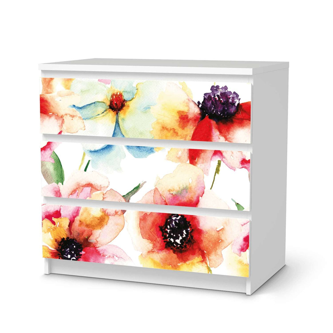 Klebefolie für Möbel Water Color Flowers - IKEA Malm Kommode 3 Schubladen  - weiss