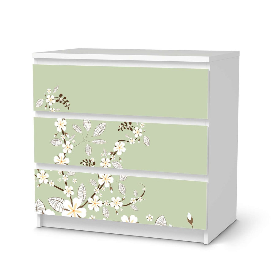 Klebefolie für Möbel White Blossoms - IKEA Malm Kommode 3 Schubladen  - weiss