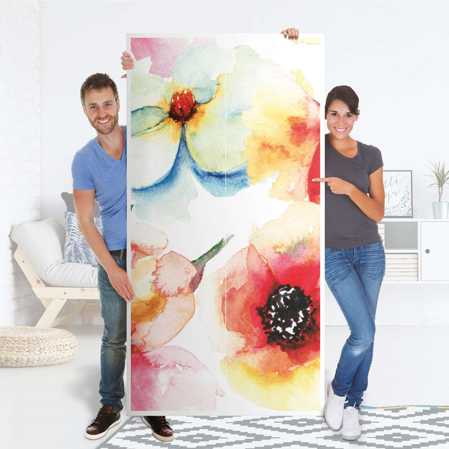 Klebefolie für Möbel Water Color Flowers - IKEA Pax Schrank 201 cm Höhe - 2 Türen - Folie