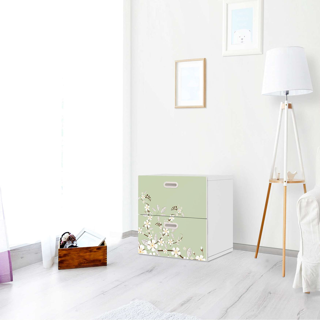 Klebefolie für Möbel White Blossoms - IKEA Stuva / Fritids Kommode - 2 Schubladen - Kinderzimmer
