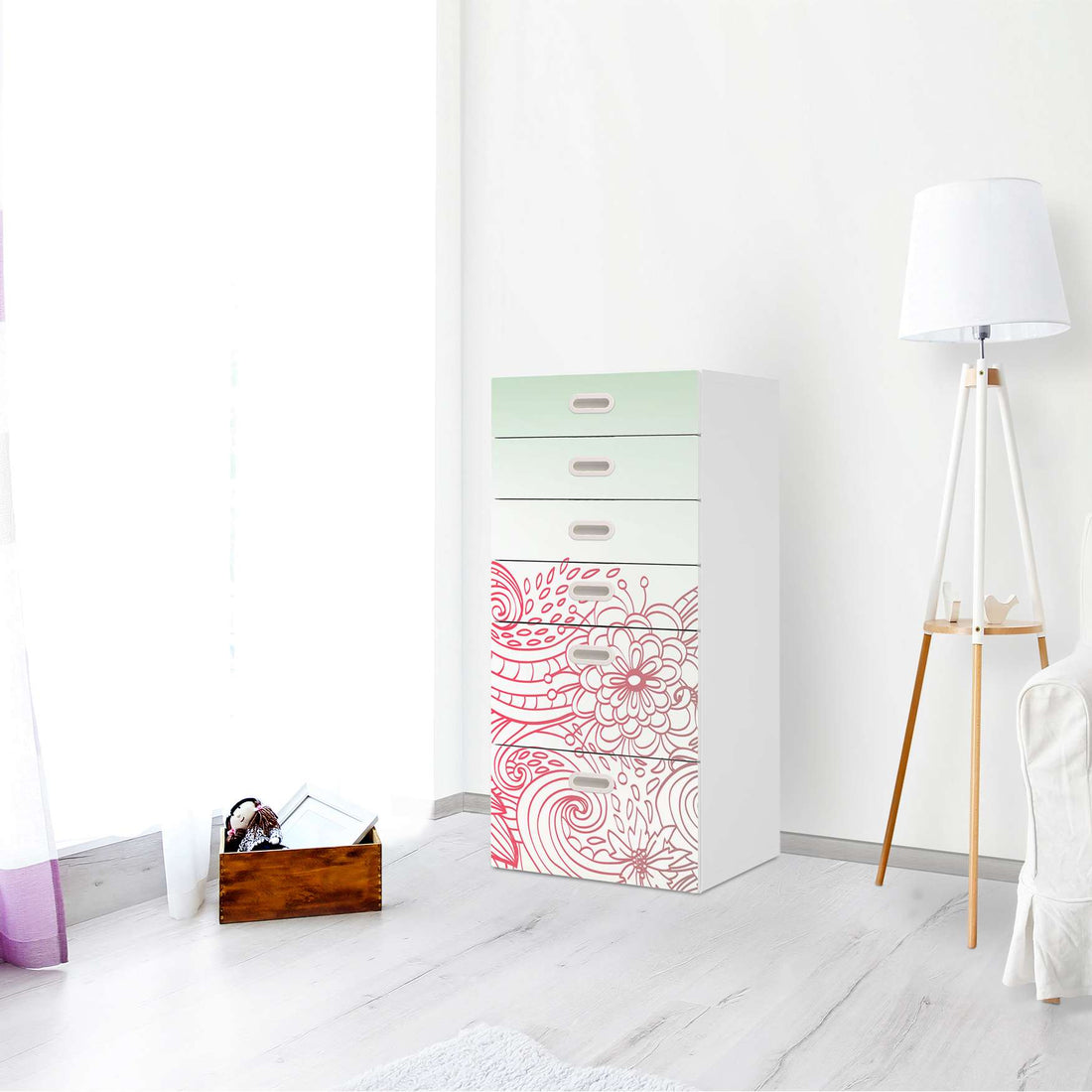 Klebefolie für Möbel Floral Doodle - IKEA Stuva / Fritids Kommode - 6 Schubladen - Kinderzimmer