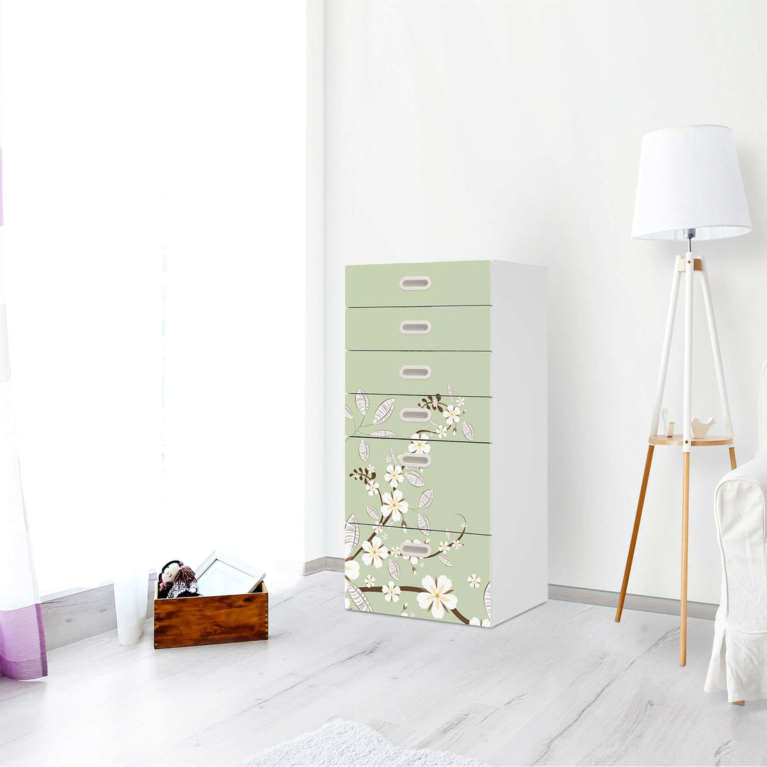 Klebefolie für Möbel White Blossoms - IKEA Stuva / Fritids Kommode - 6 Schubladen - Kinderzimmer