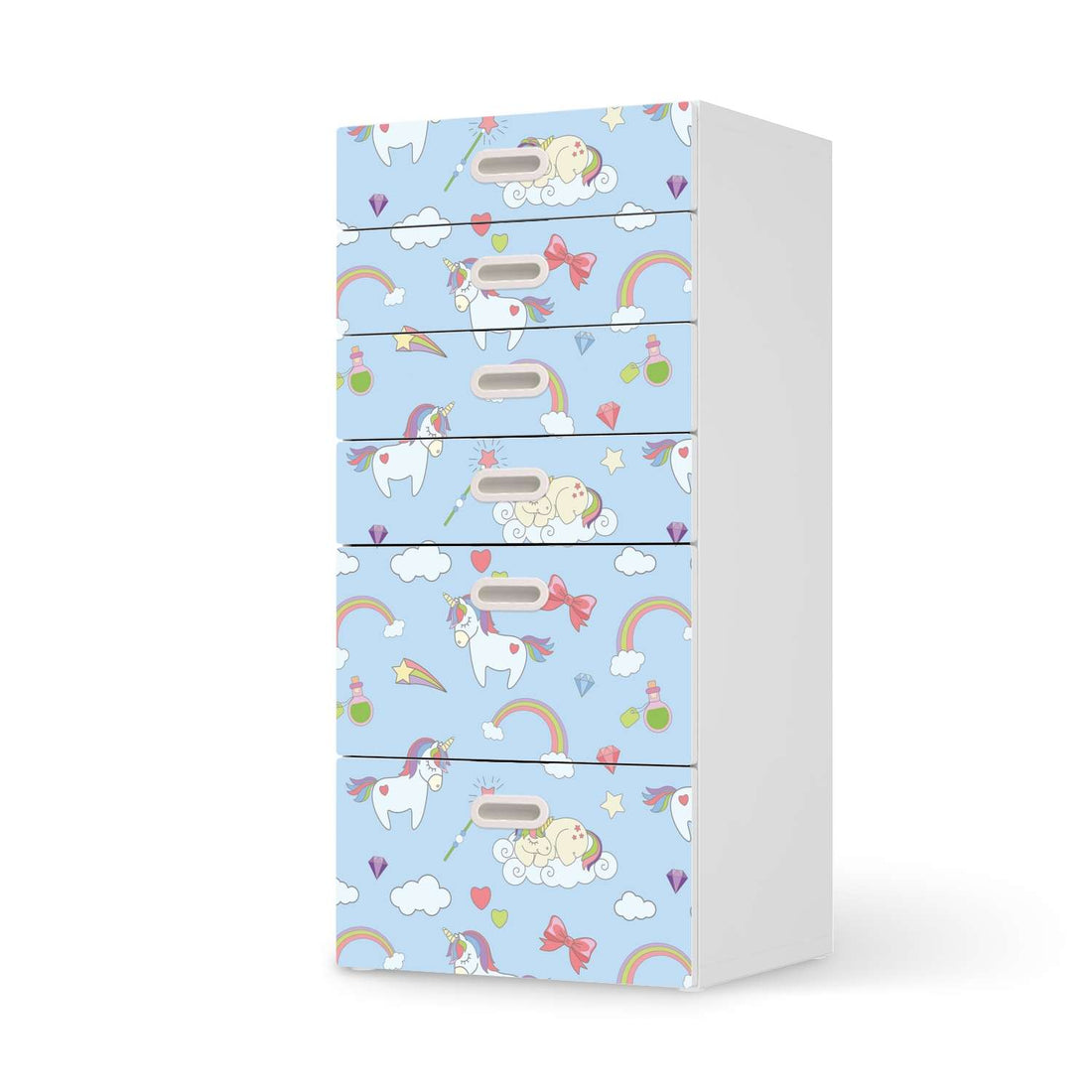 Klebefolie für Möbel Rainbow Unicorn - IKEA Stuva / Fritids Kommode - 6 Schubladen  - weiss