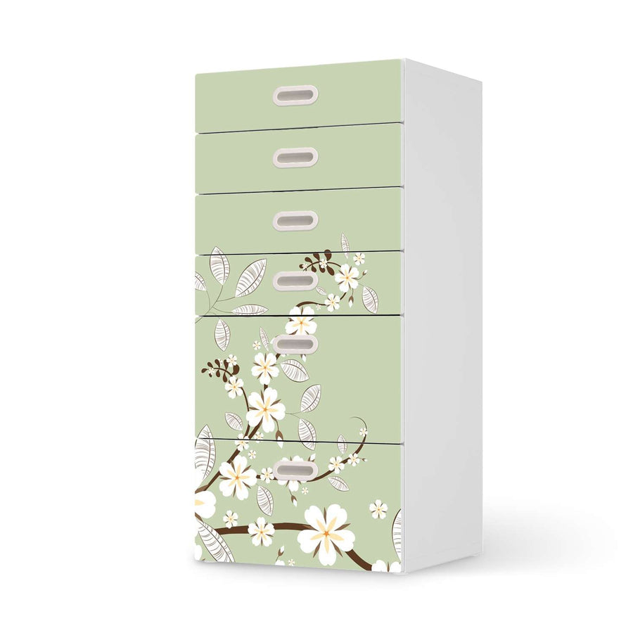 Klebefolie für Möbel White Blossoms - IKEA Stuva / Fritids Kommode - 6 Schubladen  - weiss