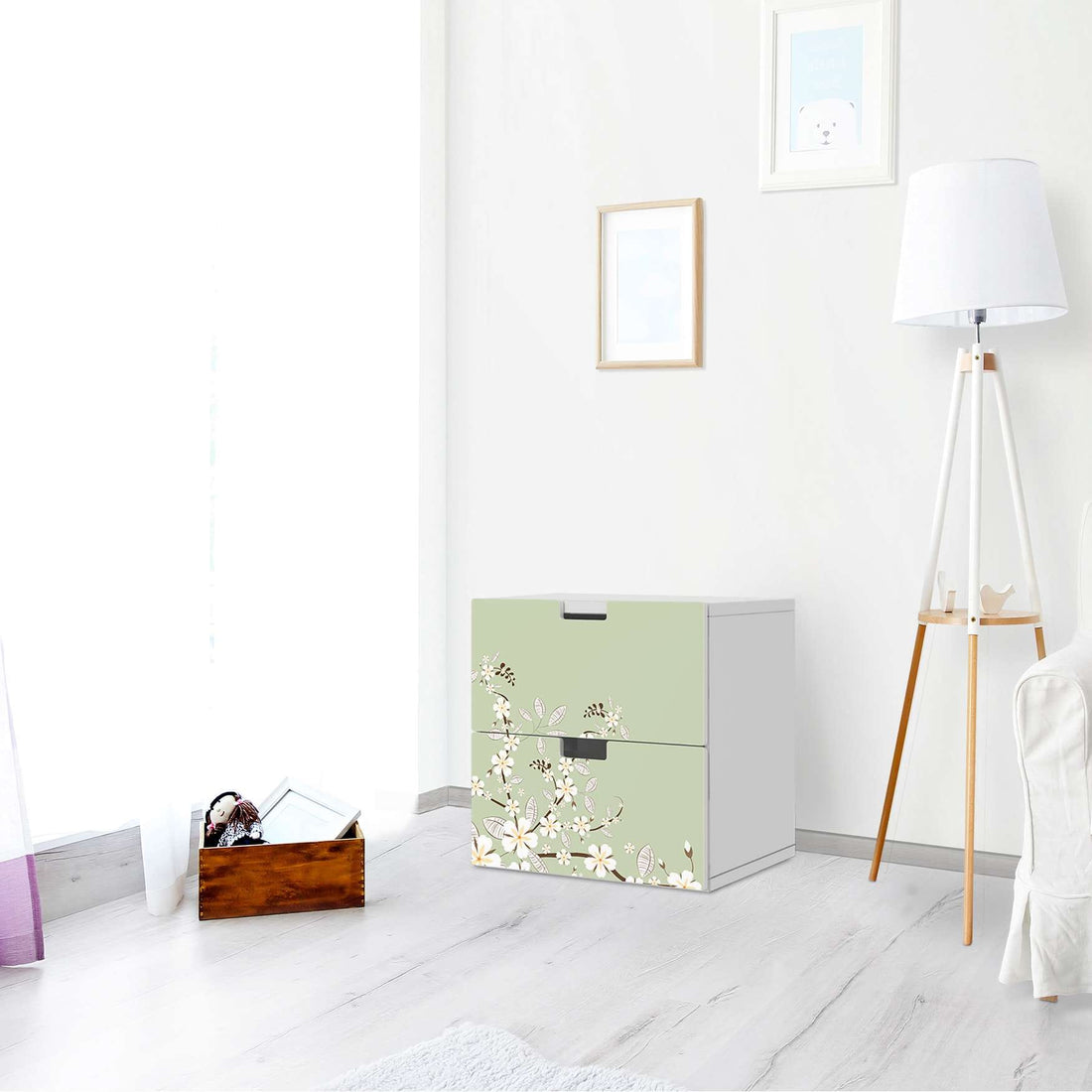 Klebefolie für Möbel White Blossoms - IKEA Stuva Kommode - 2 Schubladen - Wohnzimmer