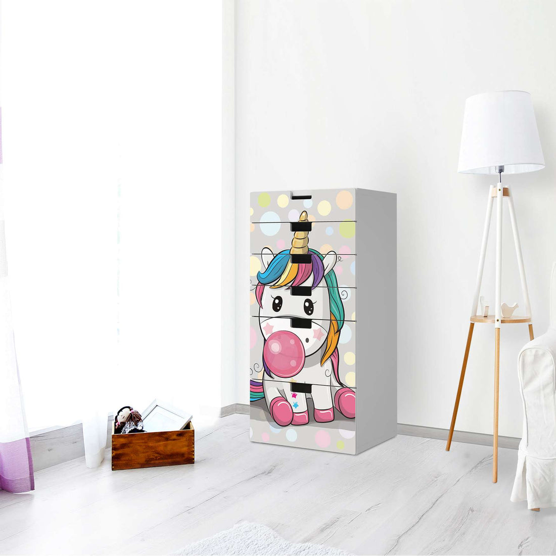 Klebefolie für Möbel Rainbow das Einhorn - IKEA Stuva Kommode - 6 Schubladen - Kinderzimmer