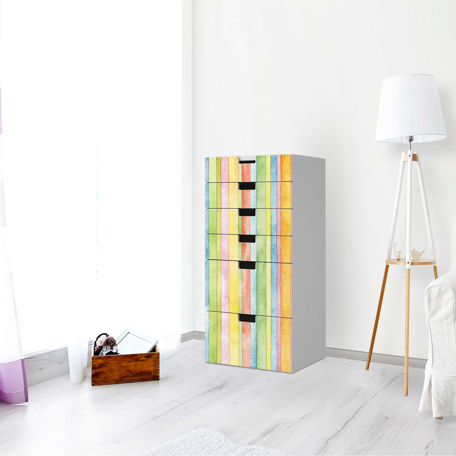 Klebefolie für Möbel Watercolor Stripes - IKEA Stuva Kommode - 6 Schubladen - Wohnzimmer