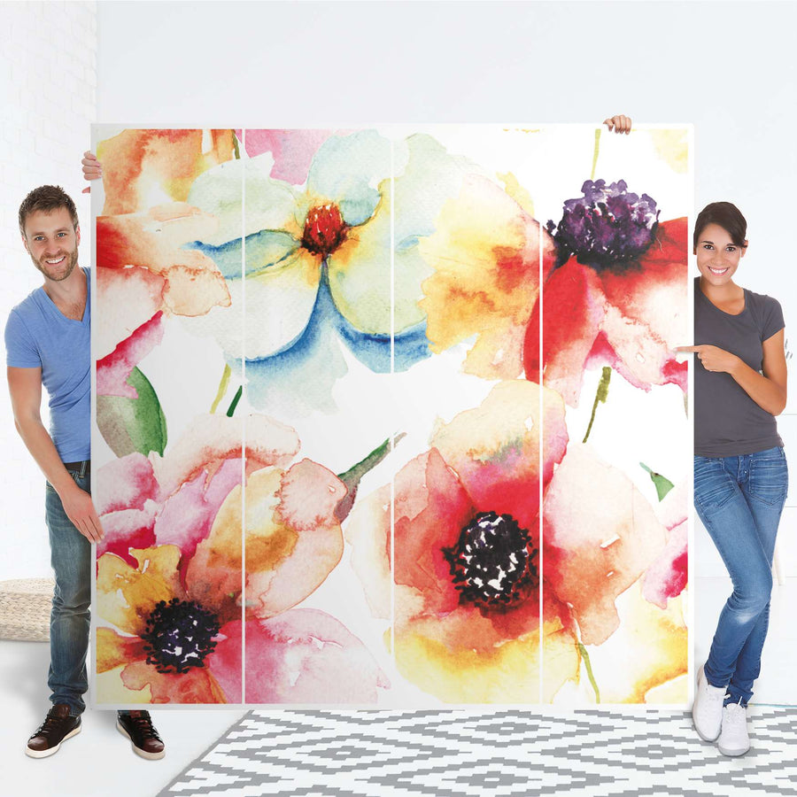 Klebefolie für Schränke Water Color Flowers - IKEA Pax Schrank 201 cm Höhe - 4 Türen - Folie