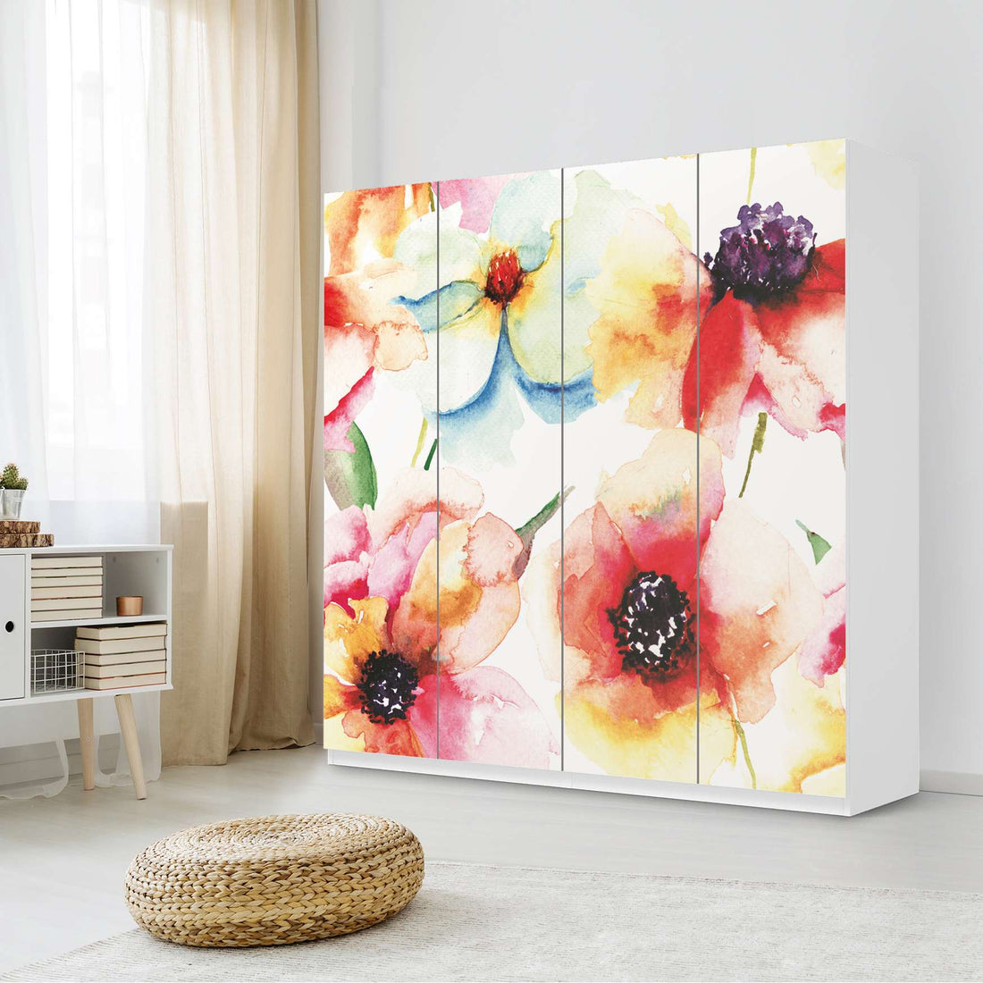 Klebefolie für Schränke Water Color Flowers - IKEA Pax Schrank 201 cm Höhe - 4 Türen - Schlafzimmer