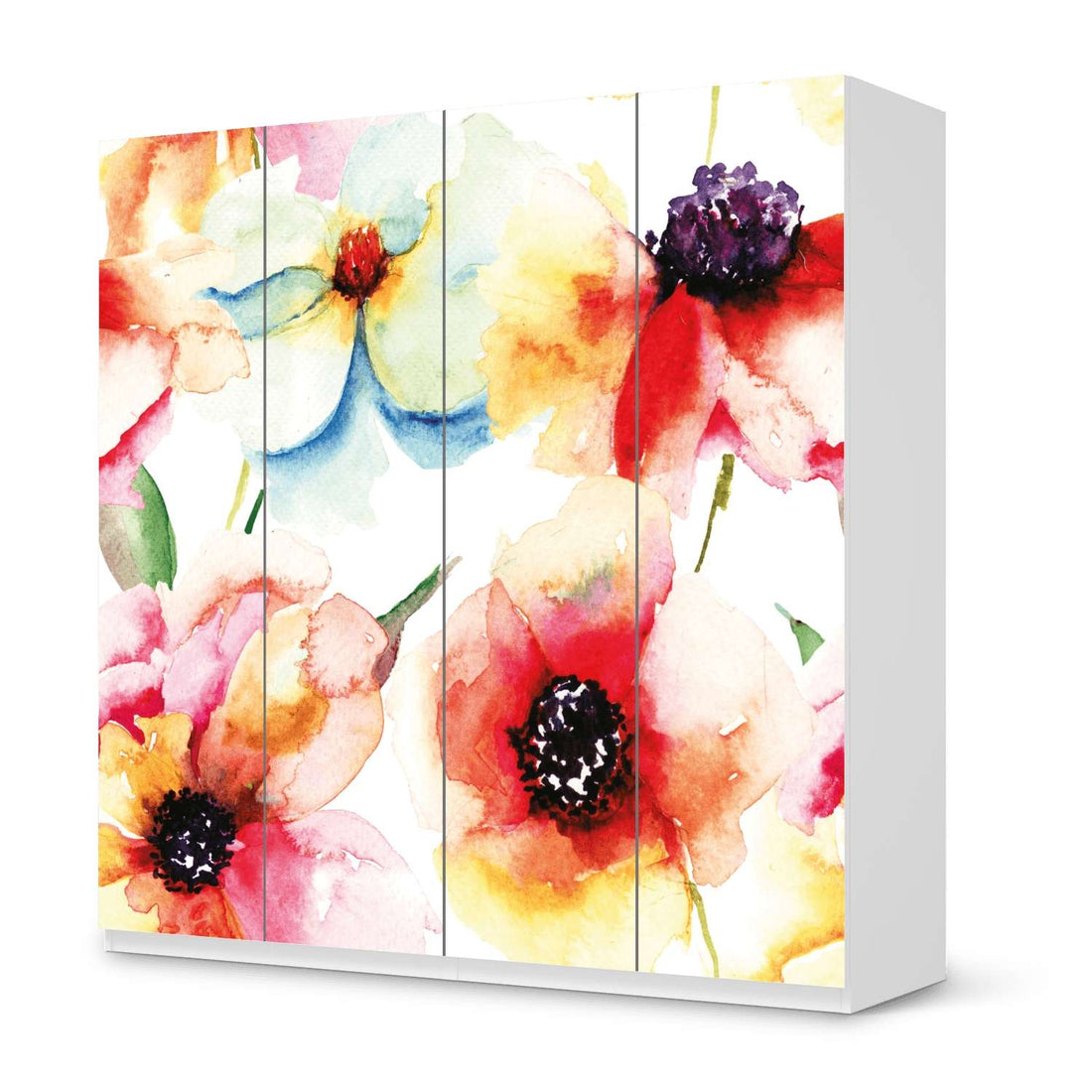 Klebefolie für Schränke Water Color Flowers - IKEA Pax Schrank 201 cm Höhe - 4 Türen - weiss
