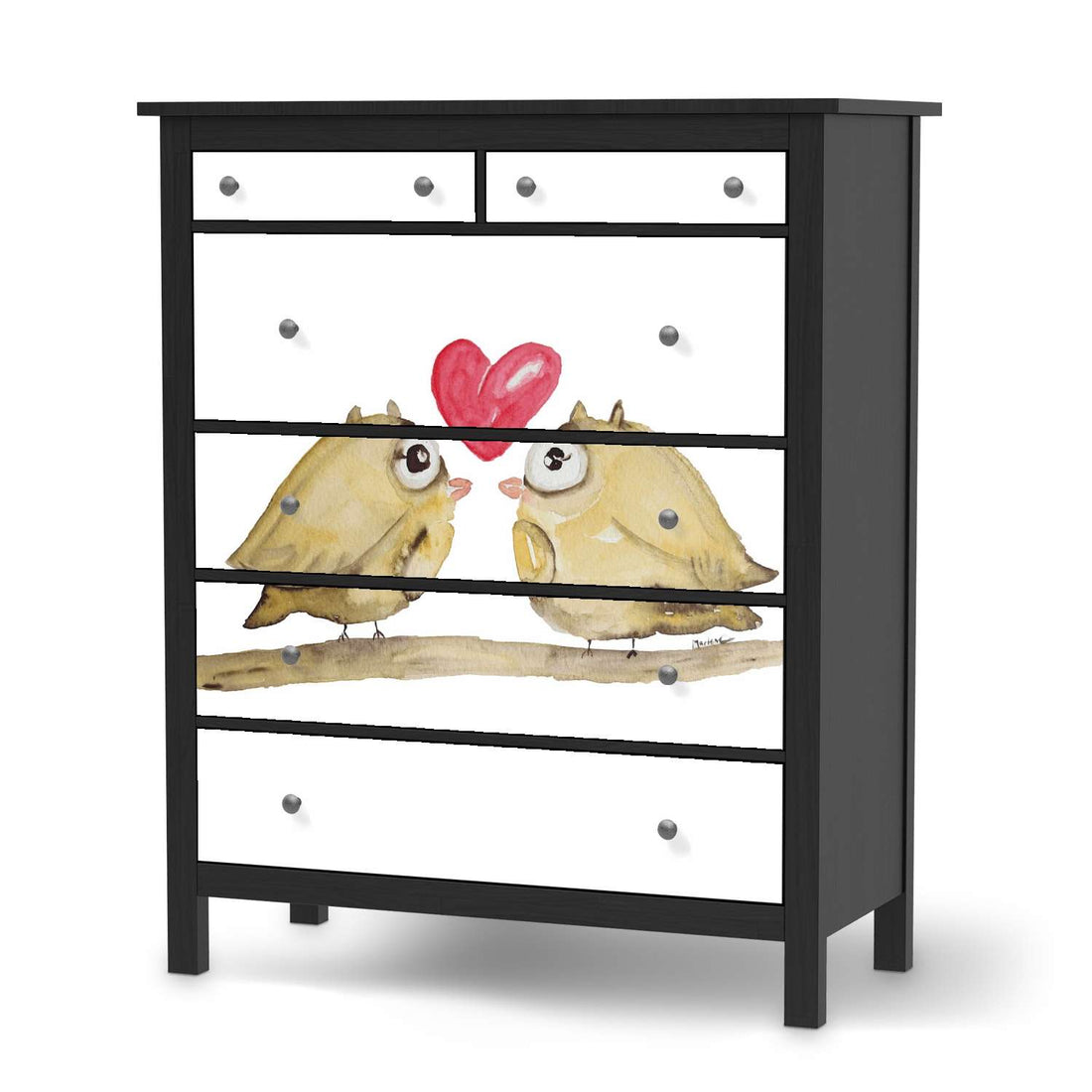 Klebefolie 2 kleine Eulen - IKEA Hemnes Kommode 6 Schubladen - schwarz