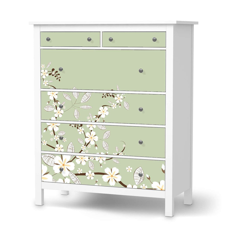 Klebefolie White Blossoms - IKEA Hemnes Kommode 6 Schubladen  - weiss