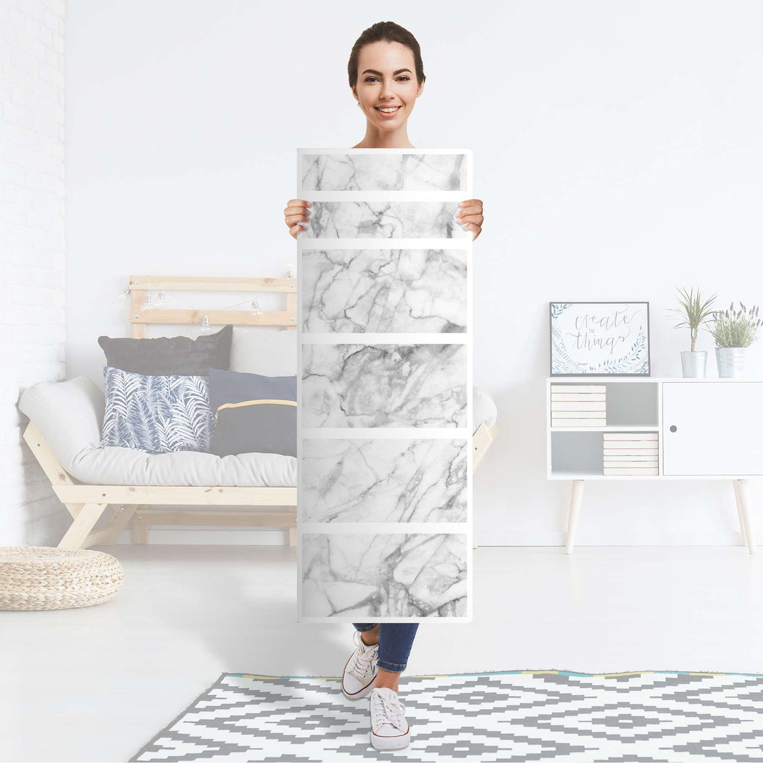 Klebefolie IKEA Malm Kommode 6 Schubladen (schmal) - Design: Marmor weiß