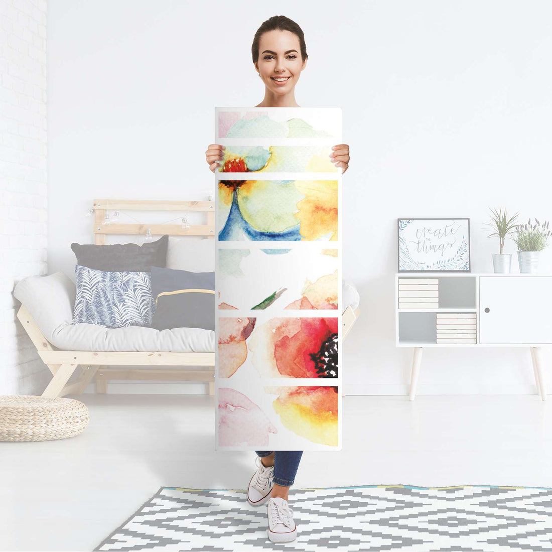 Klebefolie Water Color Flowers - IKEA Malm Kommode 6 Schubladen (schmal) - Folie