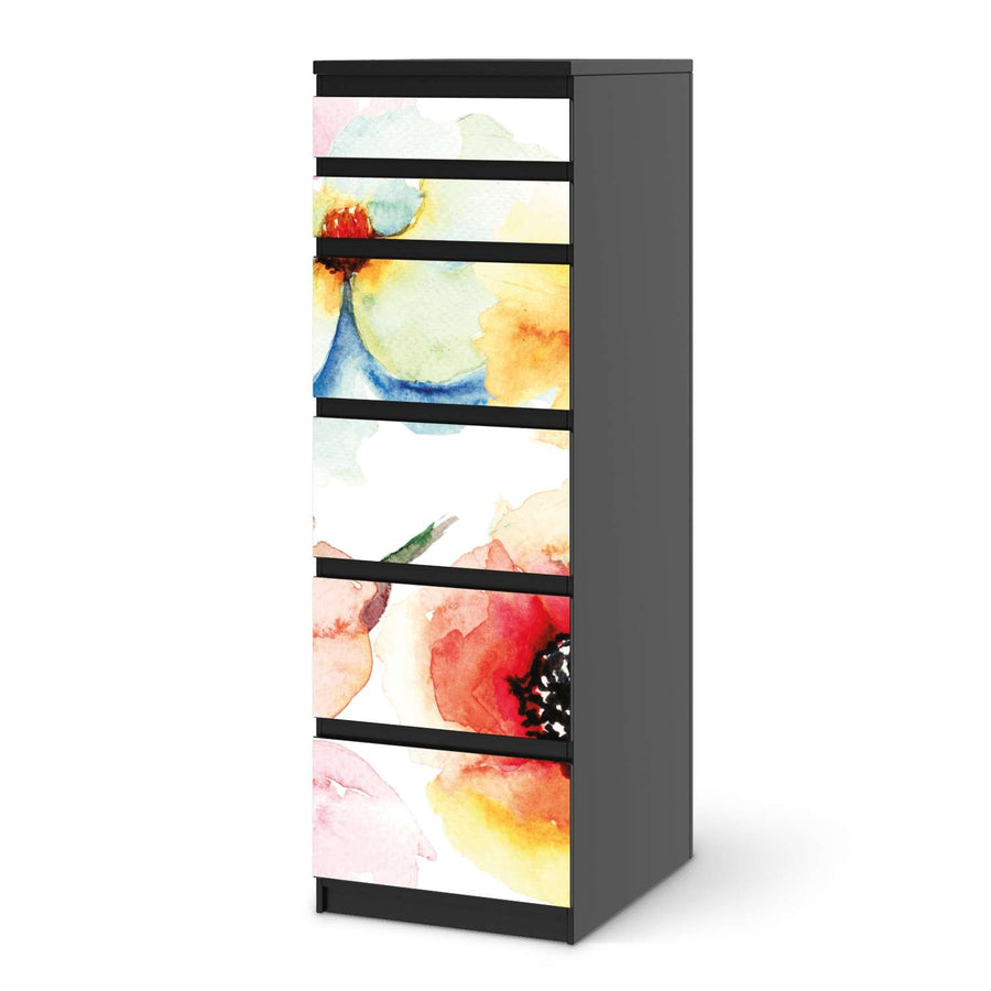 Klebefolie Water Color Flowers - IKEA Malm Kommode 6 Schubladen (schmal) - schwarz